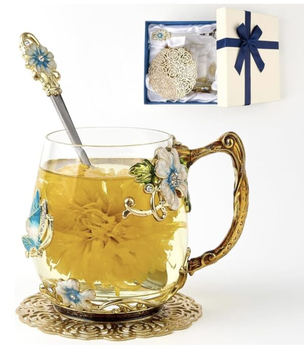 Clear glass with blue flowers