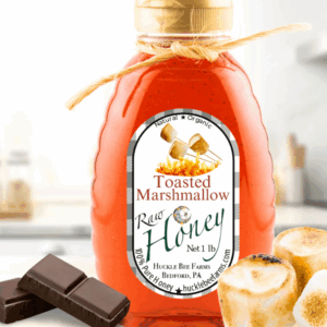 Jar of toasted marshmallow honey at Sage Tea and Treats in Cabot Arkansas, sweet roasted marshmallow flavored honey displayed in local tea and treats shop